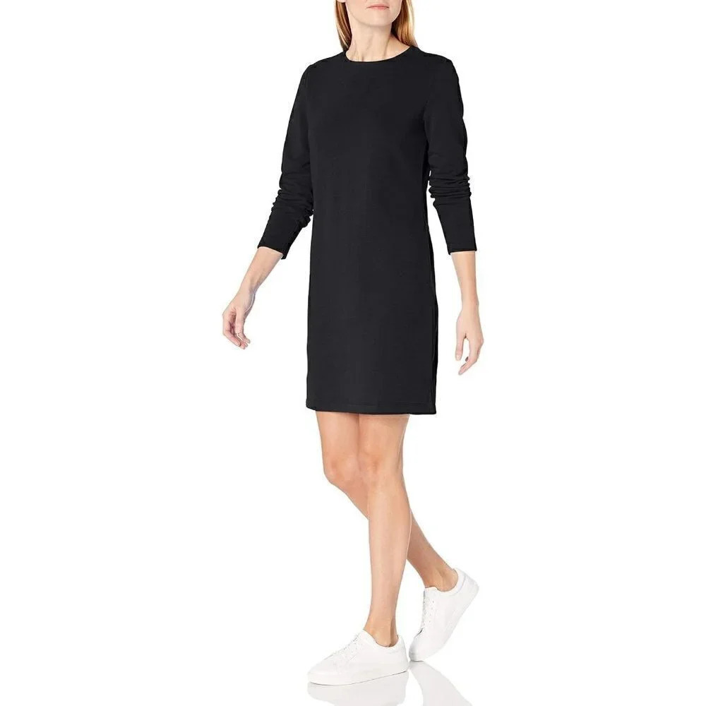 Womens Crewneck Long-Sleeve French Terry Fleece  The-Knee Dress